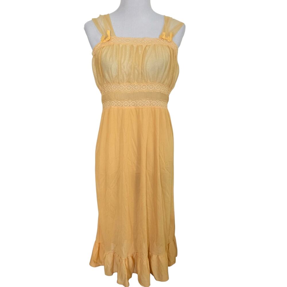 Vintage Gold Yellow Nylon Midi Slip Dress Nightgown Lace Trim Fits XS/Small